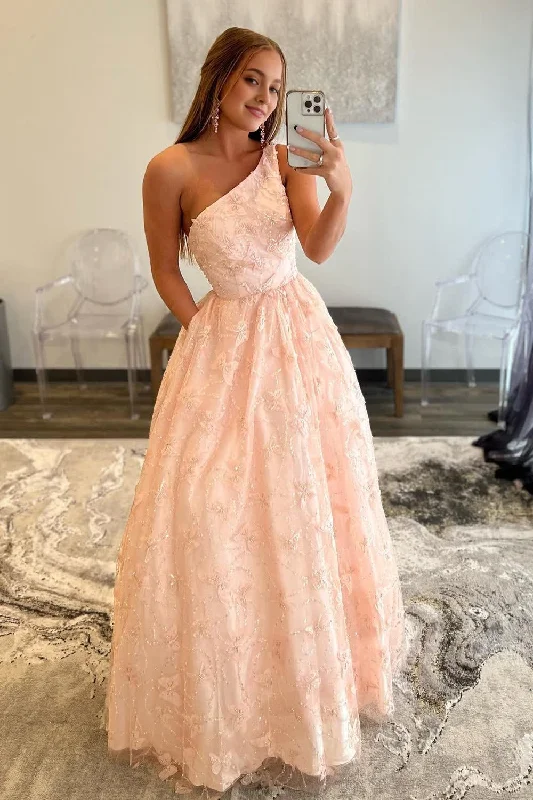 Light Pink One Shoulder Appliques Prom Dress with Pockets Date night unclassified dresses