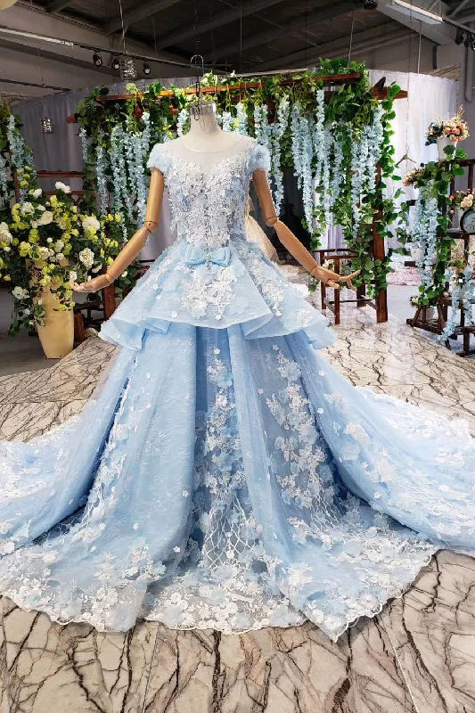 Light Sky Blue Gorgeous Prom Dresses with Flowers Ball Gown Quinceanera Dresses with Beads N2197 Unique unclassified dresses