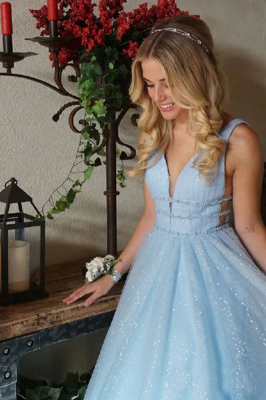 Sparkly Light Blue V-Neck Sleeveless Princess Prom Dresses Stylish unclassified dresses