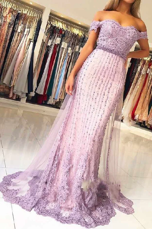 Lilac Off the Shoulder Beaded Mermaid Prom Dresses with Appliques Preppy unclassified dresses