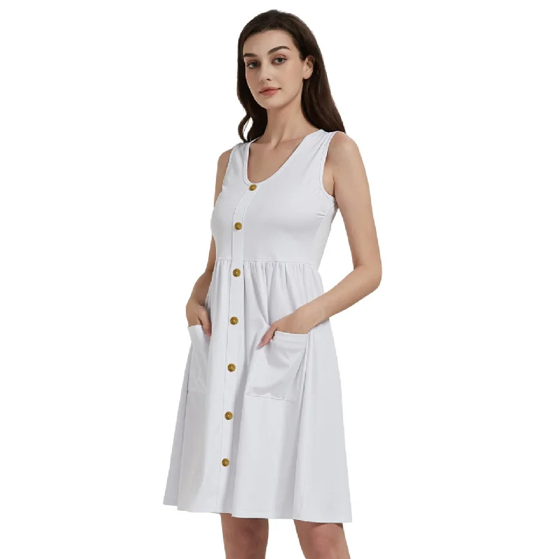 Gold buttons Sleeveless Dress With Pocket - White Office unclassified dresses