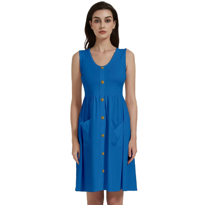 Gold buttons Sleeveless Dress With Pocket - Blue Earthy tone unclassified dresses