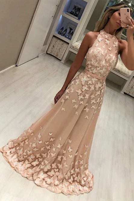 Modest High Neck Sleeveless Sweep Train Prom Evening Dresses with Appliques N1686 Striped unclassified dresses