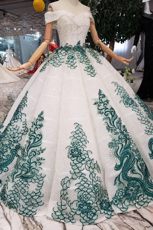 New Arrival Ball Gown Off the Shoulder Prom Dresses with Green Appliques Quinceanera Dresses N1649 Tiered unclassified dresses