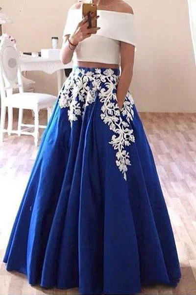 New Off the Shoulder Two Piece Prom Dresses Floor Length Blue Formal Dresses N1563 High-low unclassified dresses