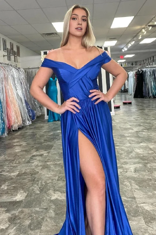 Off Shoulder Royal Blue Satin Prom Dress with Slit Casual chic unclassified dresses