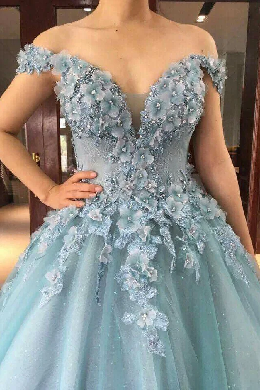 Off the Shoulder Beading Floor Length Tule Prom Dresses with Flowers N1776 Embroidered unclassified dresses