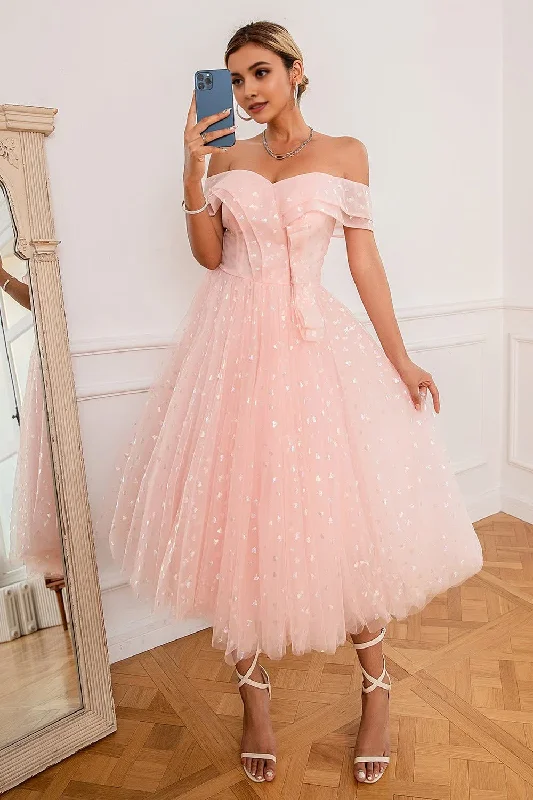 Pink Off Shoulder Hearts Prom Dress Graduation unclassified dresses