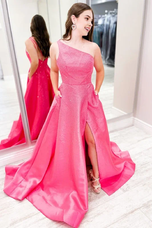 Pink One Shoulder Satin A-Line Prom Dress with Pockets Sleeveless unclassified dresses