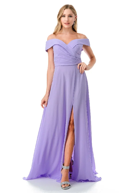 Pleated Off Shoulder A-line Slit Gown by Coya L2767Y Denim unclassified dresses