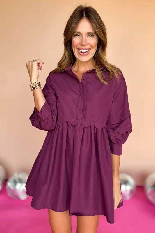 Plum Scallop Detail Collared Button Front 3/4 Sleeve Dress Club unclassified dresses