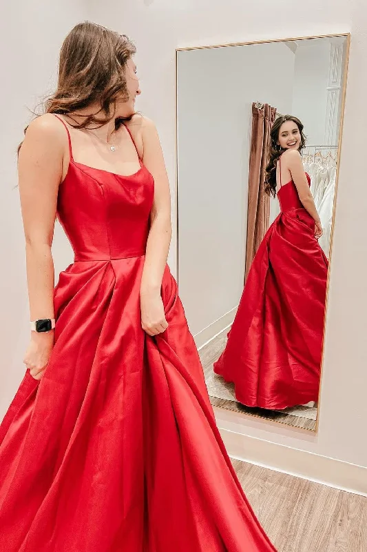 Red Satin Spaghetti Straps A-Line Prom Dress Silk unclassified dresses