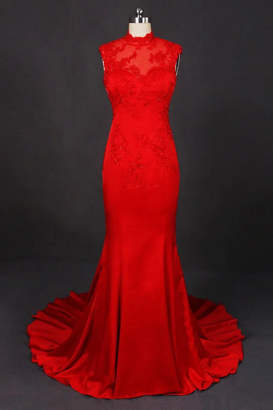 Red Sleeveless High Neck Sleeveless Satin Evening Dresses Appliques Prom Dresses N2332 Satin unclassified dresses