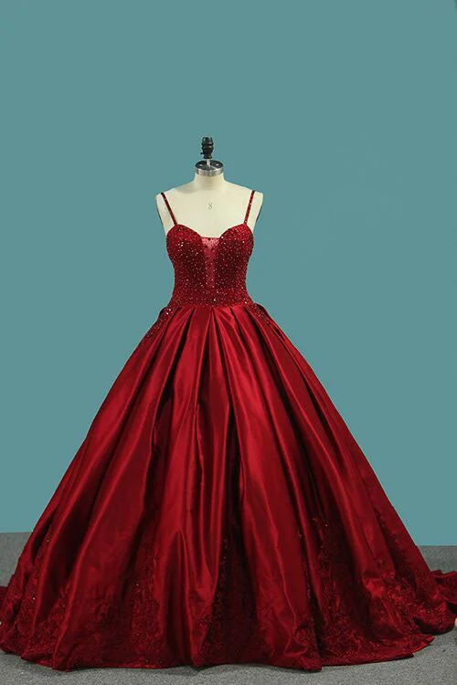 Red Spaghetti Strap Satin Puffy Prom Dresses with Crystals Beading Gorgeous Formal Dresses N1558 Embroidered unclassified dresses