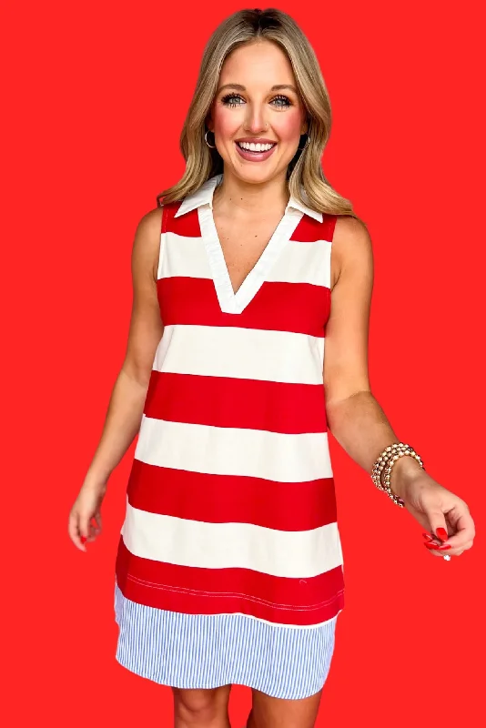 Red Striped V Neck Sleeveless Twofer Dress Flowy unclassified dresses