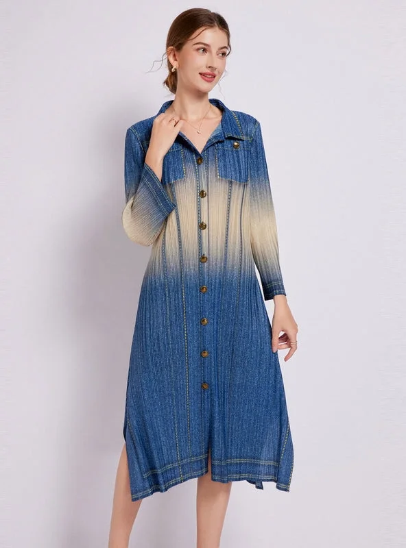 Retro Denim Print Long Sleeve Pleated Dress Classic Blue Denim Skirt