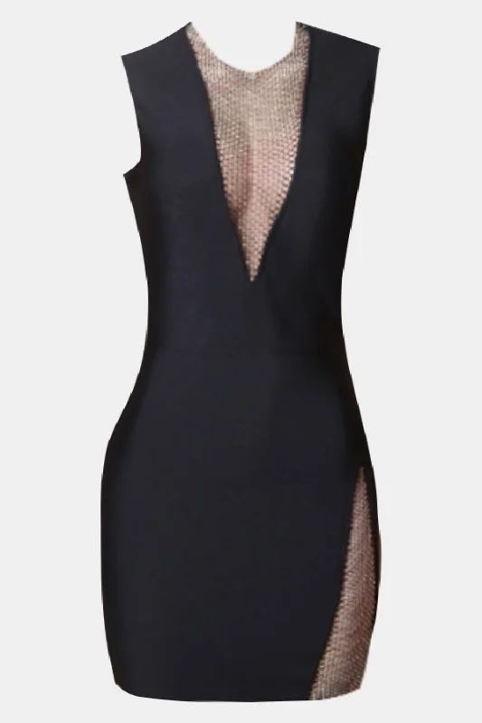 Rhinestone Detail Spliced Mesh Sleeveless Dress Date night unclassified dresses