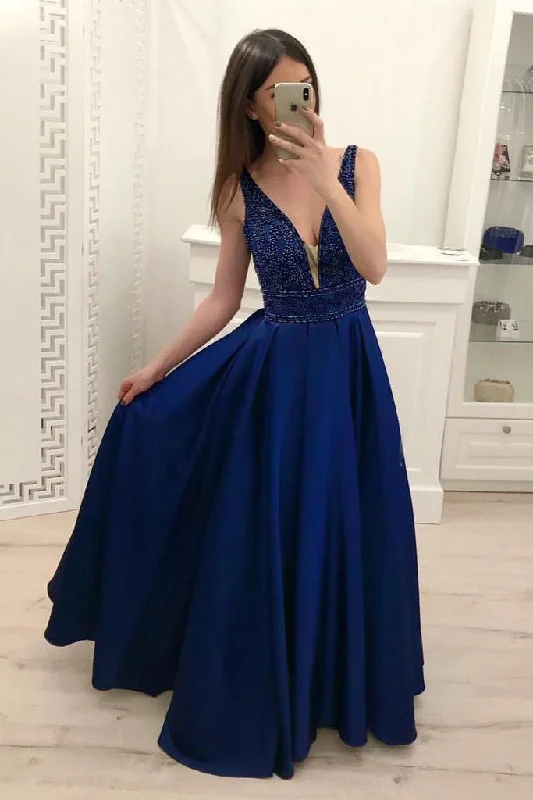 A Line Sparkly Beading Sleeveless Royal Blue Satin Prom Dresses Earthy tone unclassified dresses