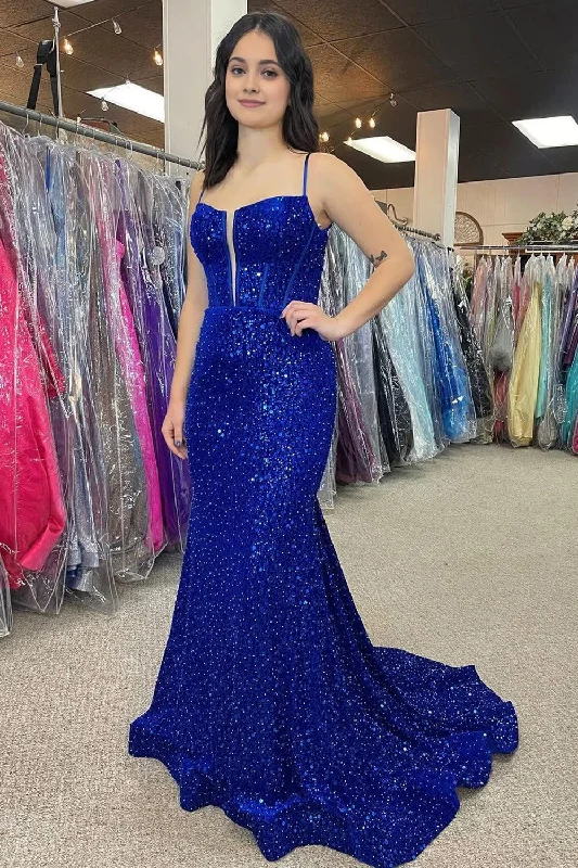 Royal Blue Beaded Sparkly Mermaid Corset Prom Dress Denim unclassified dresses