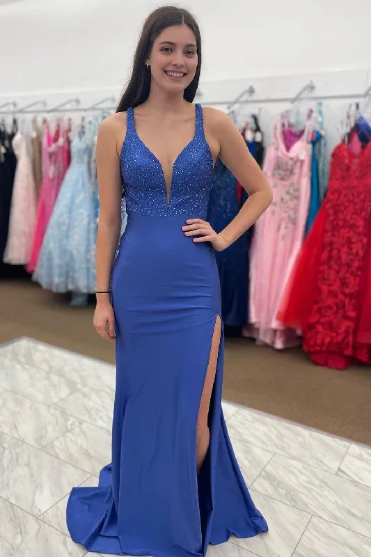 Royal Blue Deep V Neck Mermaid Prom Dress with Slit Sexy unclassified dresses