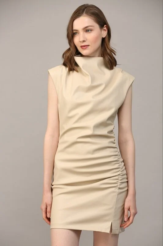 Ruched Detail Cowl Neck Faux Leather Dress Ruched unclassified dresses