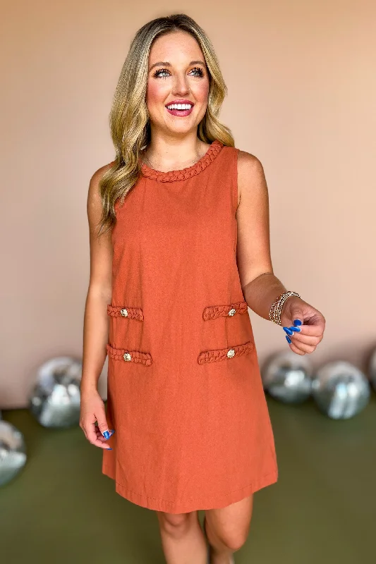 Rust Braid Detail Round Neck Sleeveless Dress *FINAL SALE* Sequin unclassified dresses