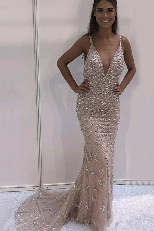 Sexy Deep V Neck Prom Dresses with Beading Sparkly Evening Dresses N1432 Graduation unclassified dresses