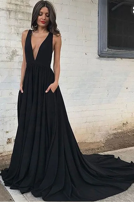 Sexy Deep V Neck Black Evening Dresses Simple Ruched Prom Dresses with Train N1424 A-line unclassified dresses