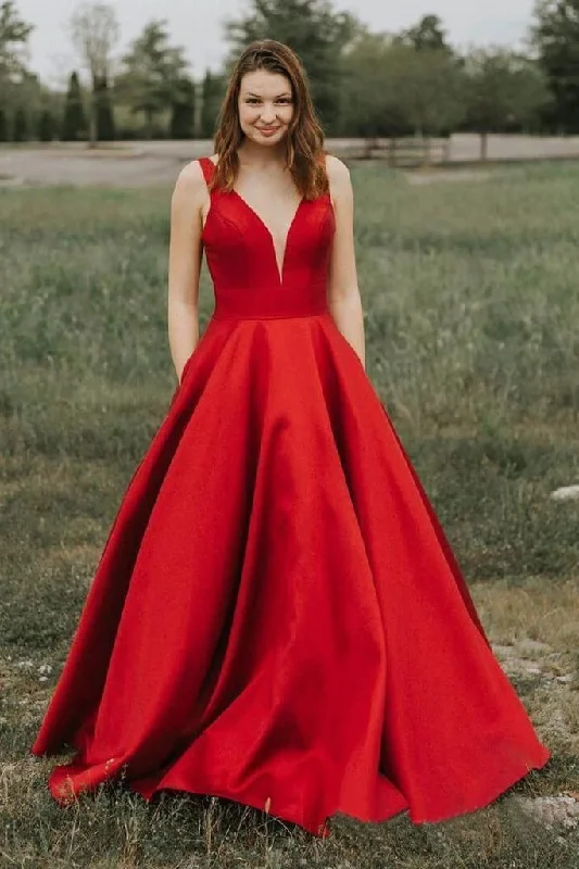 A Line V-Neck Satin Red Fluffy Prom Dresses with Pockets Earthy tone unclassified dresses