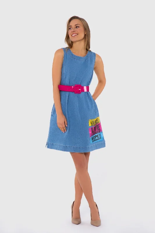 Sleeveless Denim Dress with Belt, Letter Print and Back Zipper Skirt with Pockets