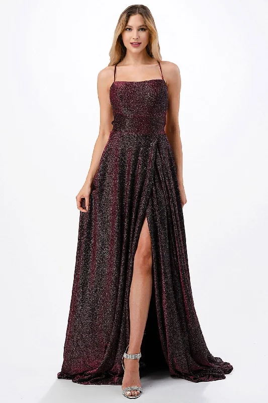 Sleeveless Metallic Glitter A-line Slit Gown by Coya D533 Preppy unclassified dresses