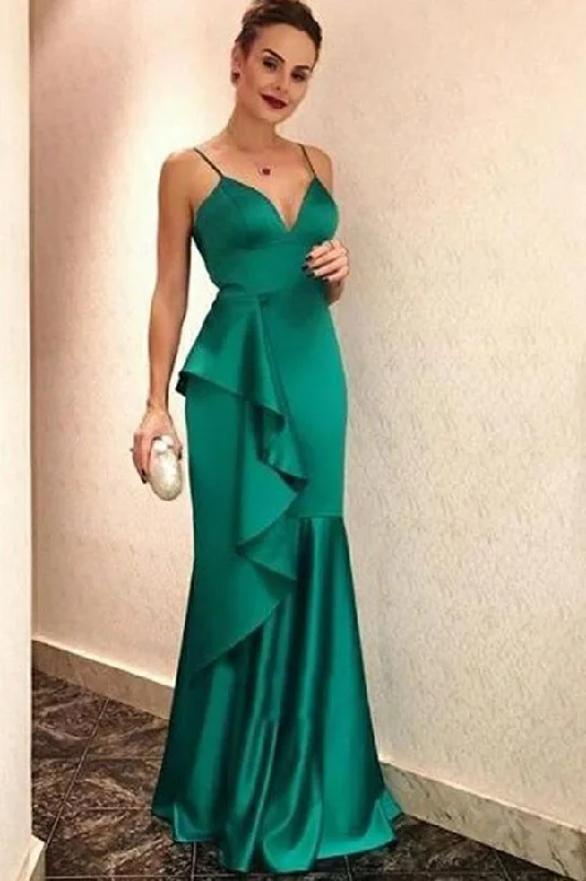 Spaghetti Strap Hunter Prom Dresses with Ruffles Elegant V Neck Evening Dresses N1446 Halter unclassified dresses