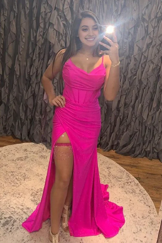 Spaghetti Straps Hot Pink Corset Prom Dress with Slit Off-shoulder unclassified dresses