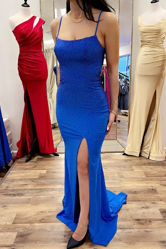 Spaghetti Straps Royal Blue Mermaid Prom Dress with Slit Knitted unclassified dresses