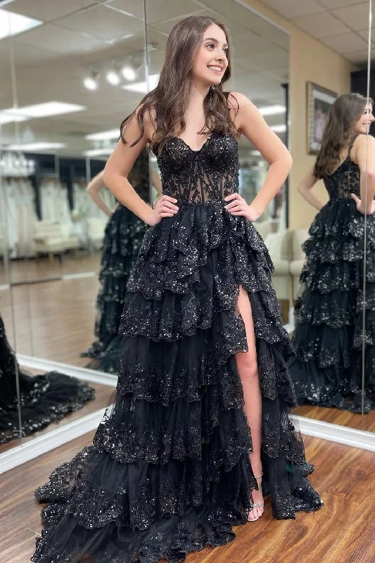 Sparkly Black Off The Shoulder Tiered Corset Prom Dress Sleeveless unclassified dresses