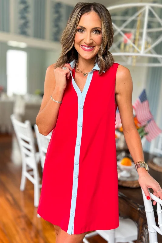 SSYS The Penelope Colorblock Collared Sleeveless Dress In Red Vacation unclassified dresses