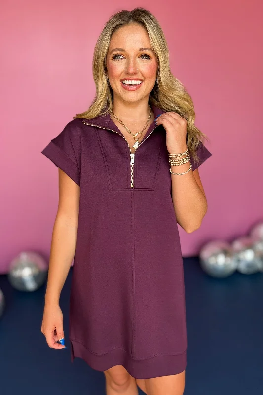 SSYS The Taylor Air 3/4 Zip Dress In Plum Smocked unclassified dresses