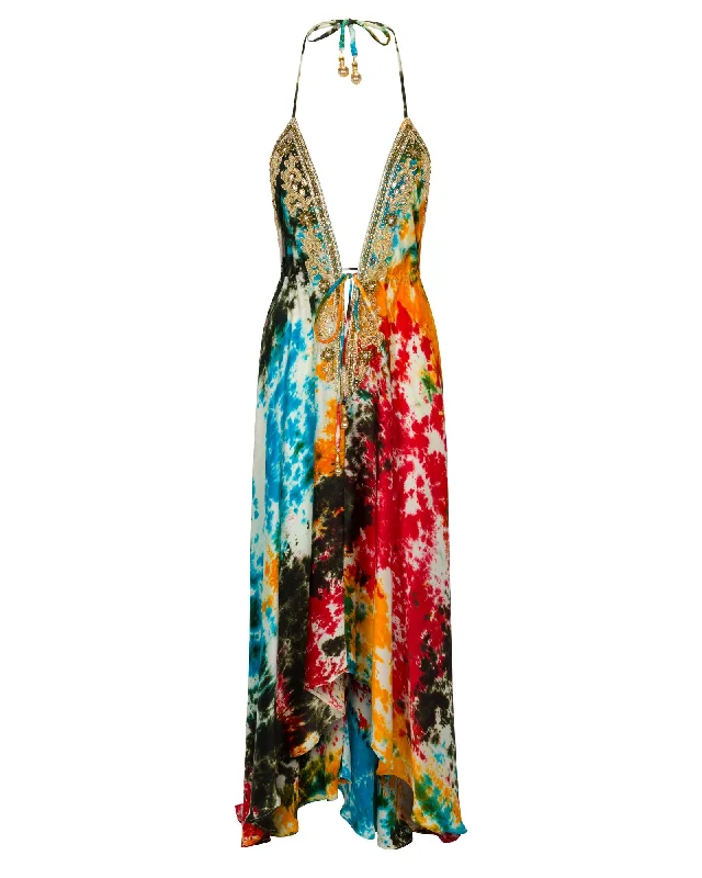 Tie Dye Gidget Beaded Halter Dress Long sleeve unclassified dresses