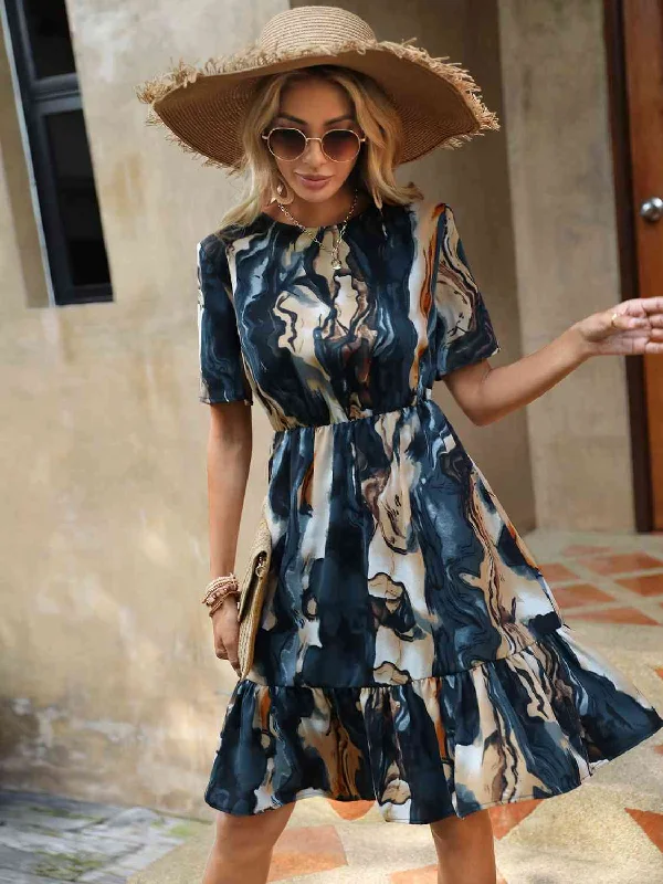 Tie-Dye Round Neck Ruffle Hem Dress Casual unclassified dresses