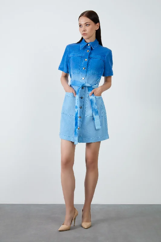 Tie dye Wash Short Denim Dress with 4 Pockets Gold Button Detail and Belt Denim Skirt Appeal