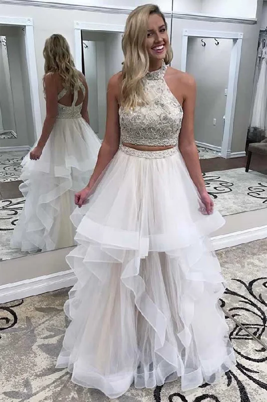 Two Piece Halter Ruffles Floor Length Prom Dresses with Beading N1593 Boho unclassified dresses