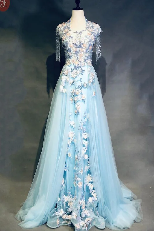 Unique Light Blue Beading Cap Sleeves Beading Applique Prom Dresses N1955 Engagement unclassified dresses