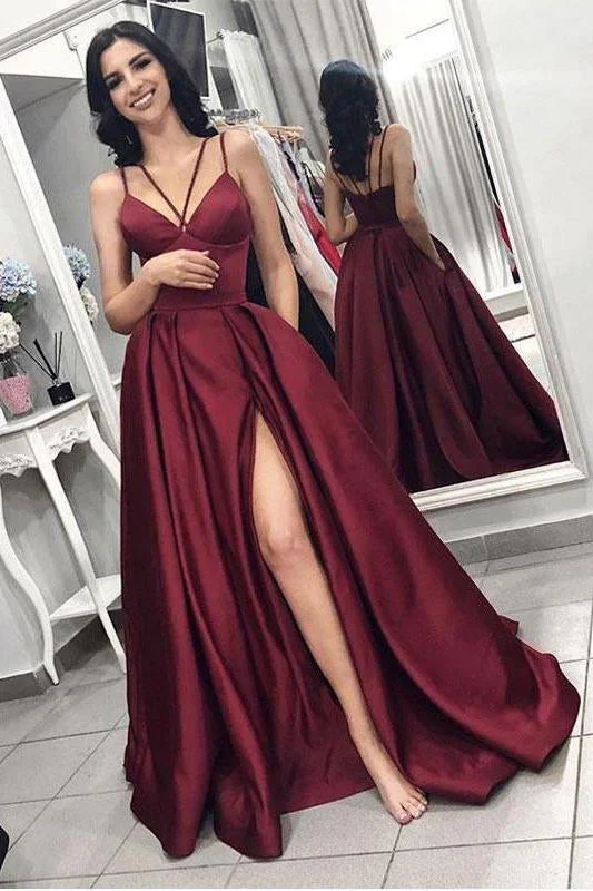 Sexy Burgundy Spaghetti Straps Satin Prom Dresses with High Slit Metallic unclassified dresses