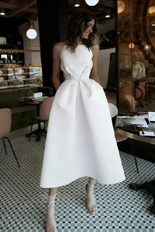 White Satin Spaghetti Straps Backless Tea Length Prom Dresses Vacation unclassified dresses