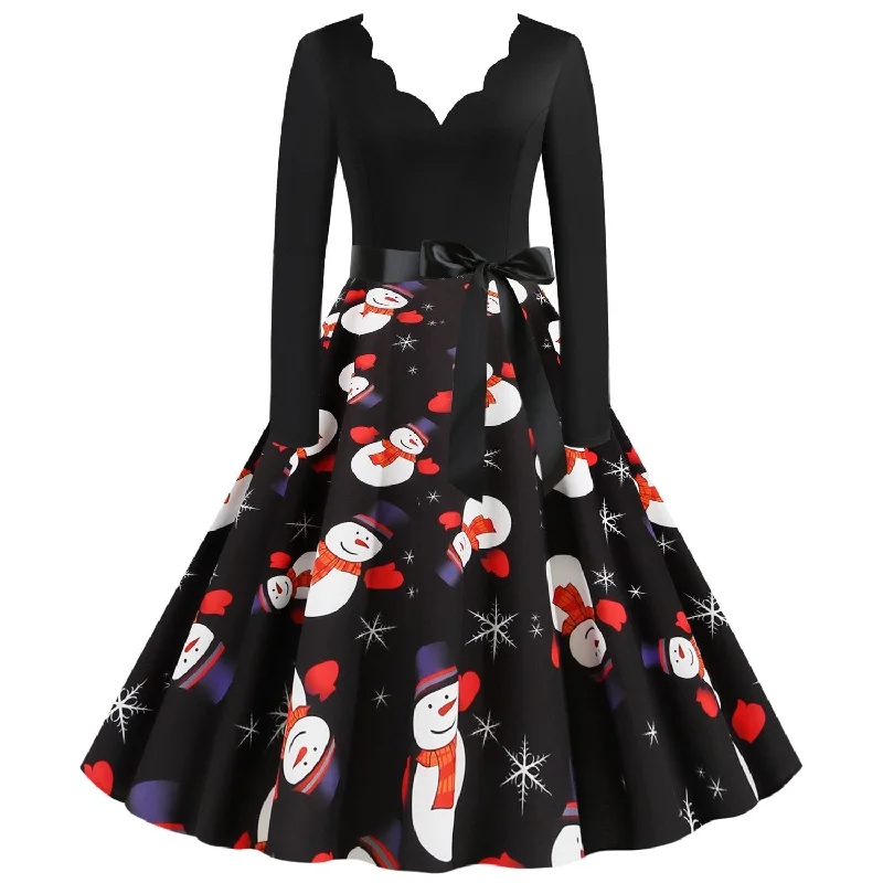 Women Vintage Christmas Snowmen Slim Waist Dresses Bodycon unclassified dresses