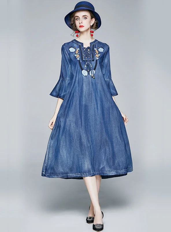 3/4 Sleeve Loose Embroidered Denim Dress Ripped Hem Denim