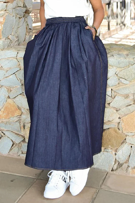 Casual Pleated Solid Denim Long Skirt Maxi Denim Skirt