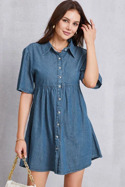 Blue Zone Planet |  Button Up Collared Neck Tiered Denim Dress Flared Denim Skirt