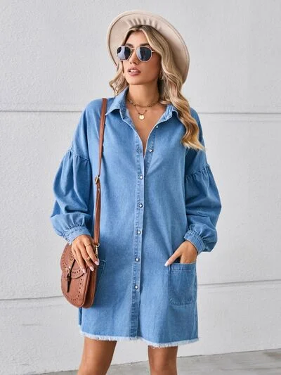 Blue Zone Planet |  Button Up Pocketed Raw Hem Denim Dress Ripped Denim Skirt