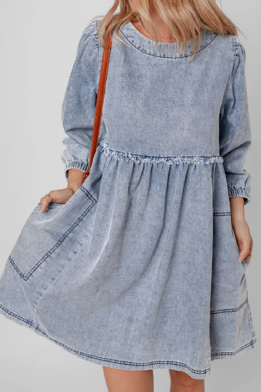 Blue Zone Planet |  Cutout Round Neck Balloon Sleeve Denim Dress Sexy Denim Skirt